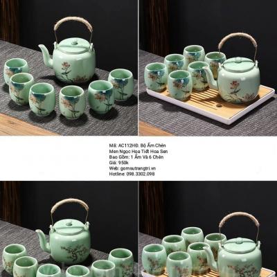 BỘ ẤM CHÉN MEN NGỌC HỌA TIẾT HOA SEN